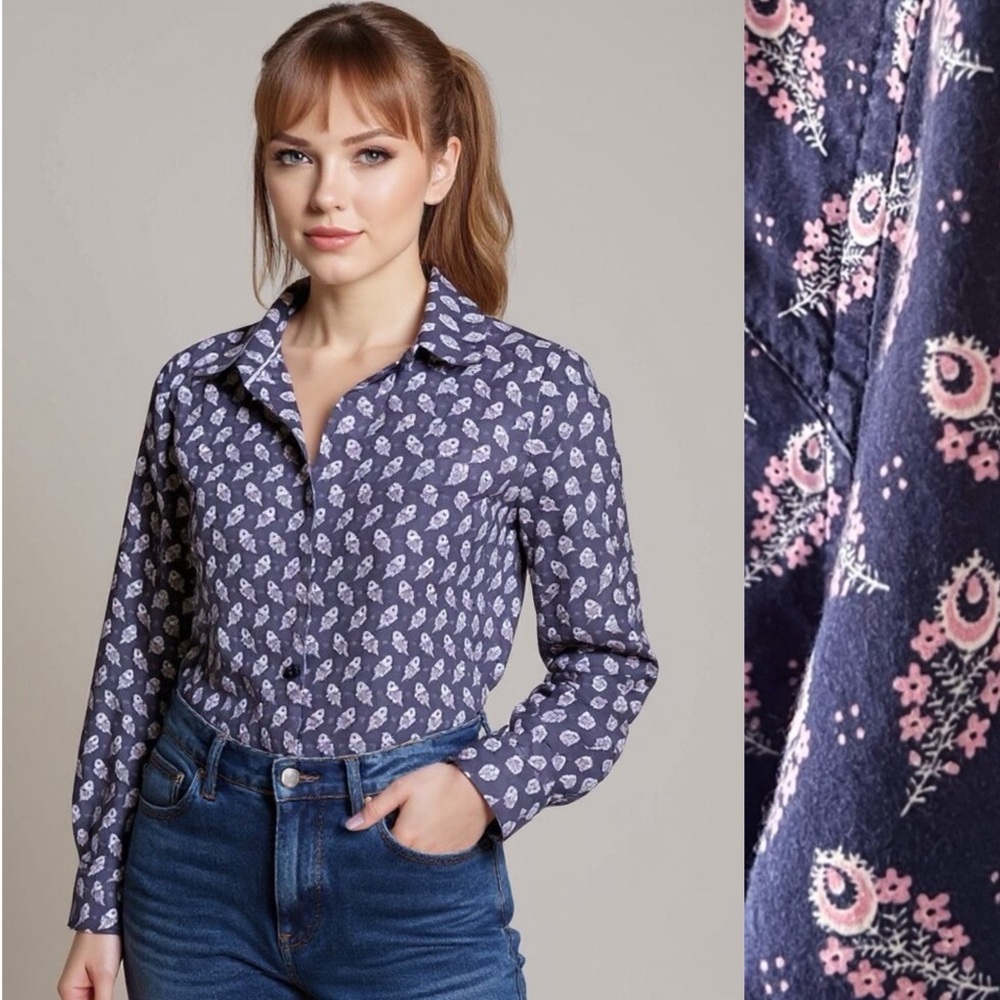 Dudalina Liberty Wearable Art Long Sleeve Button Down Shirt  Blue Pink Size 40